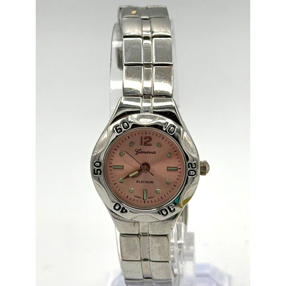 Geneva Platinum Womens Pink Dial Silver Stretch Watch New Battery Running